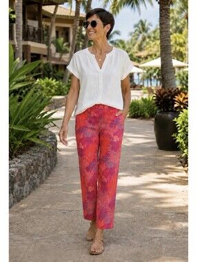 J. Crew Tropical Floral Jacquard Crop Pant Sz 8 Pink Orange Purple EUC Vacation